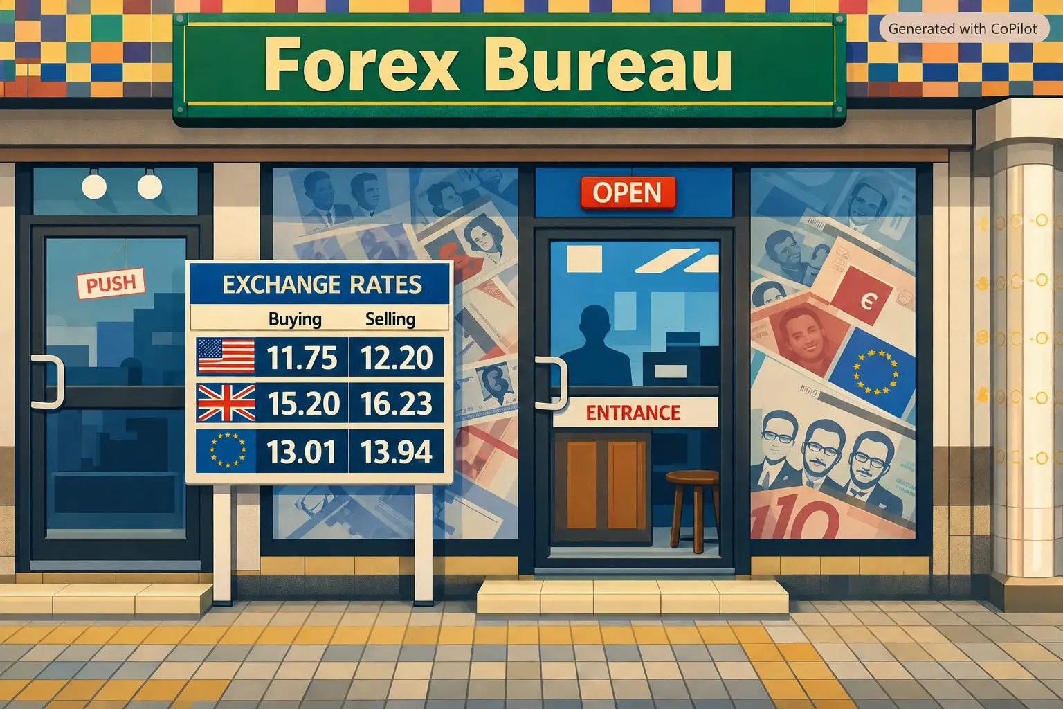Forex bureau signboard in Kumasi where people exchange Ghana cedis for foreign currency
